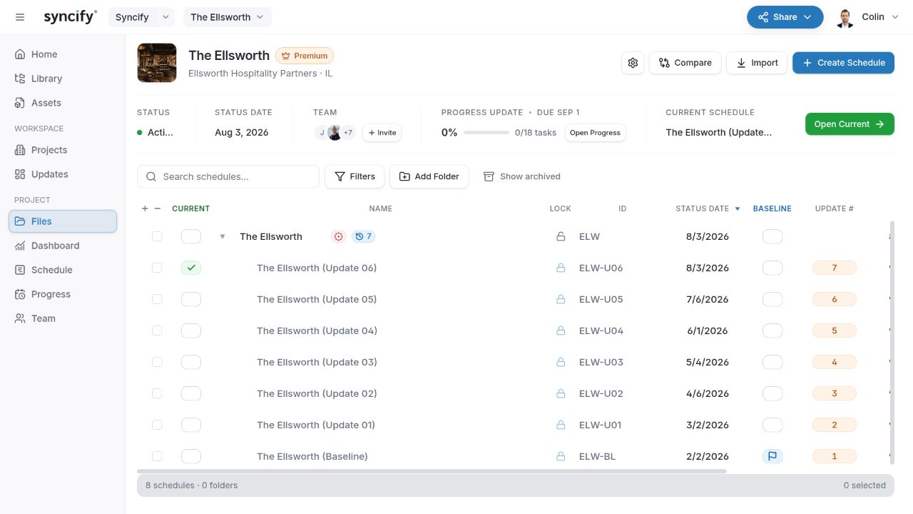 Project Files in the demo workspace, showing saved versions and the Current, Baseline, Update number, and lock columns.